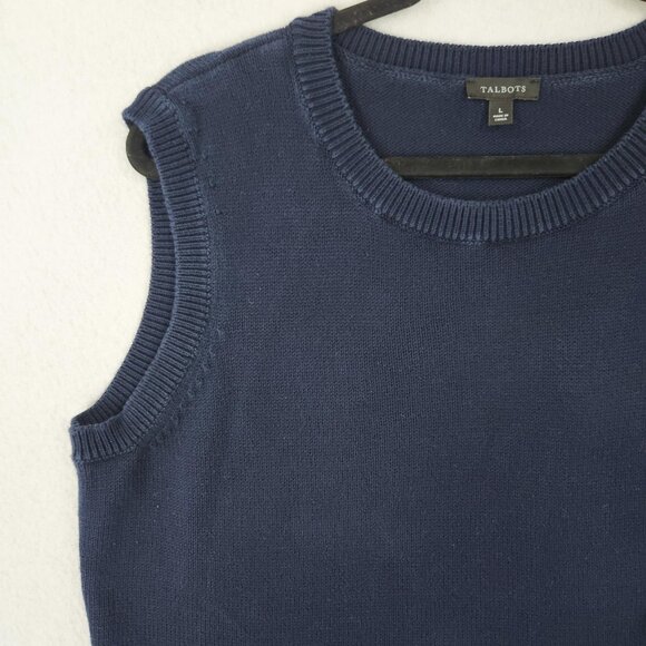 Talbots Sweater Womens Large Navy Blue 100% Cotton Fringe Hem Sleeveless Knit - Picture 2 of 10